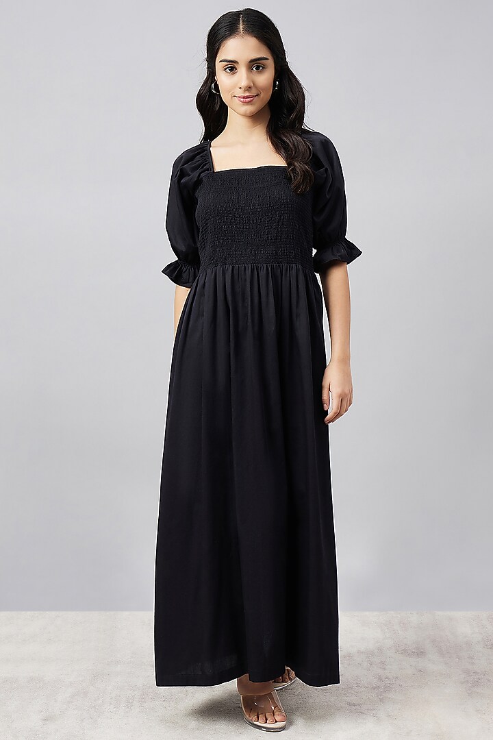 Black Cotton Smocked Summer Dress by First Resort by Ramola Bachchan at Pernia's Pop Up Shop