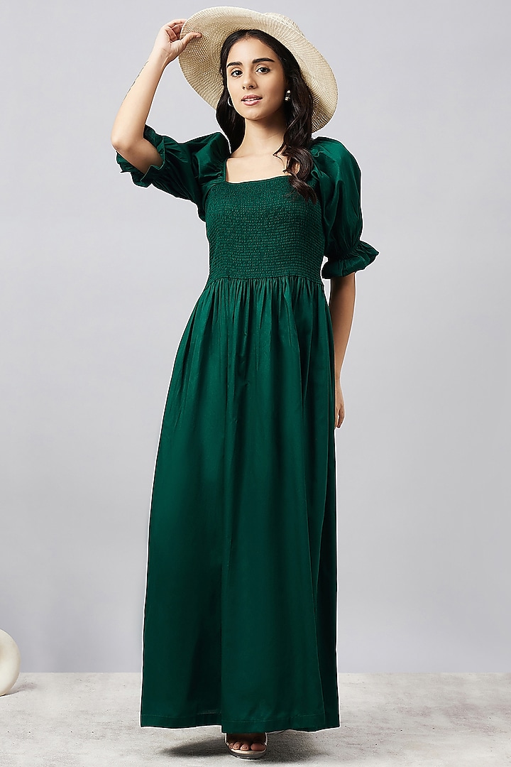 Bottle Green Cotton Smocked Dress by First Resort by Ramola Bachchan at Pernia's Pop Up Shop