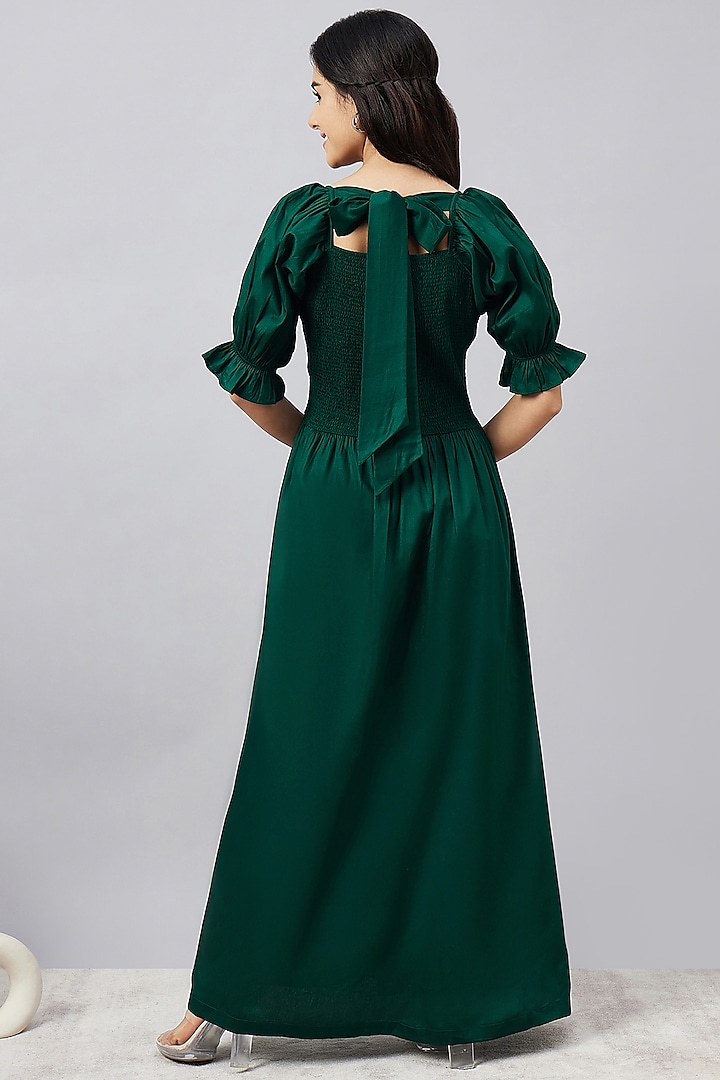 Bottle Green Cotton Smocked Summer Dress by First Resort by Ramola Bachchan at Pernia's Pop Up Shop