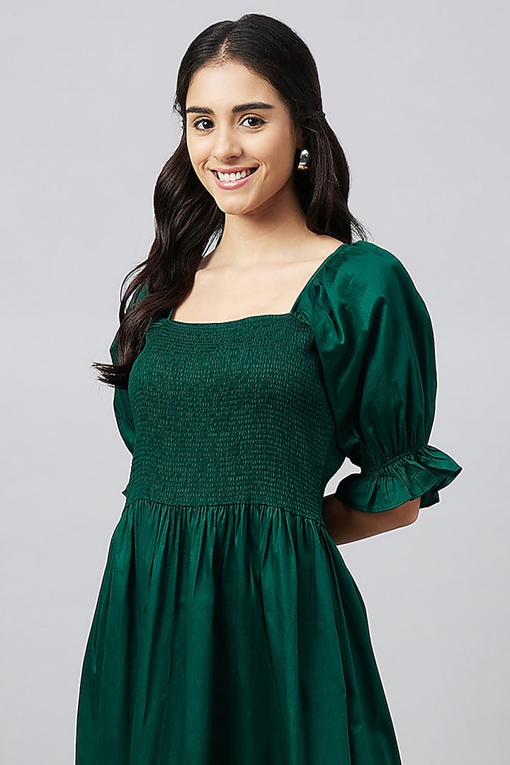 Bottle Green Cotton Smocked Summer Dress by First Resort by Ramola Bachchan  at Pernia's Pop Up Shop 2026