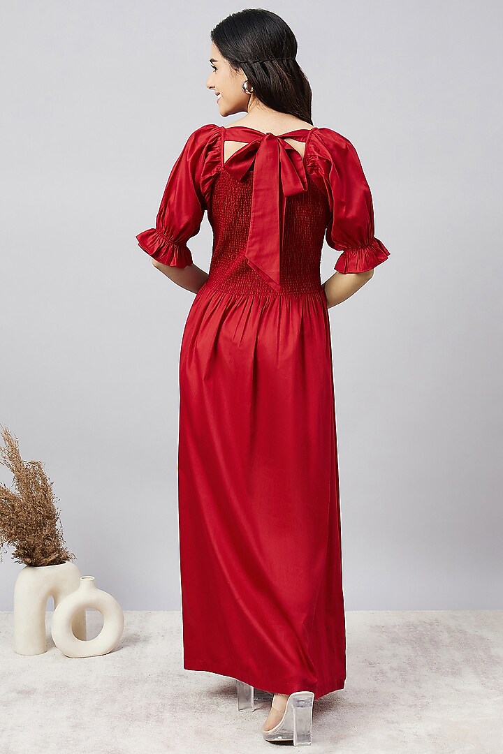 Red Cotton Smocked Summer Dress by First Resort by Ramola Bachchan at Pernia's Pop Up Shop