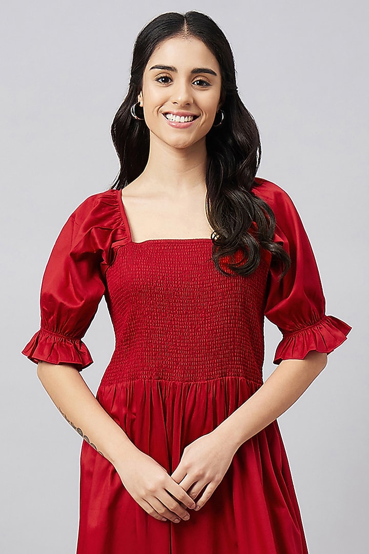 Red Cotton Smocked Summer Dress by First Resort by Ramola Bachchan at Pernia's Pop Up Shop