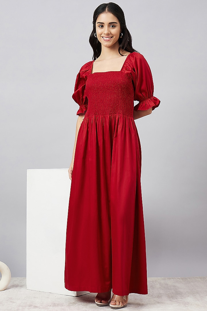 Red Cotton Smocked Summer Dress by First Resort by Ramola Bachchan at Pernia's Pop Up Shop