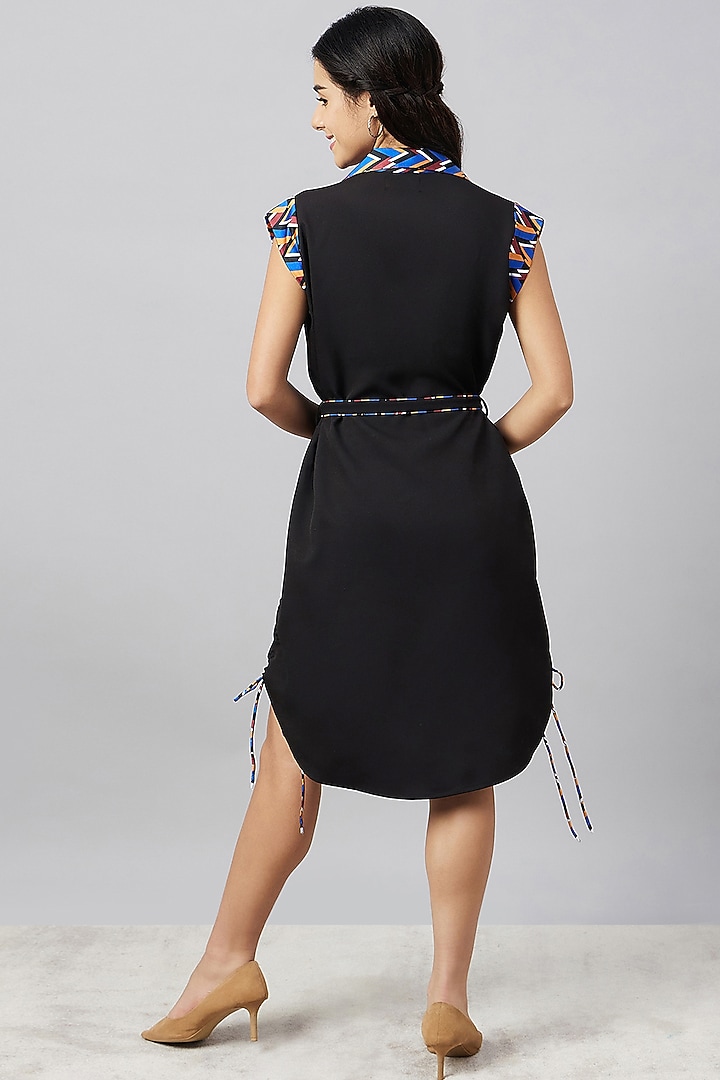 Black Banana Crepe & Polyester Satin Printed Summer Shirt Dress With Belt by First Resort by Ramola Bachchan at Pernia's Pop Up Shop
