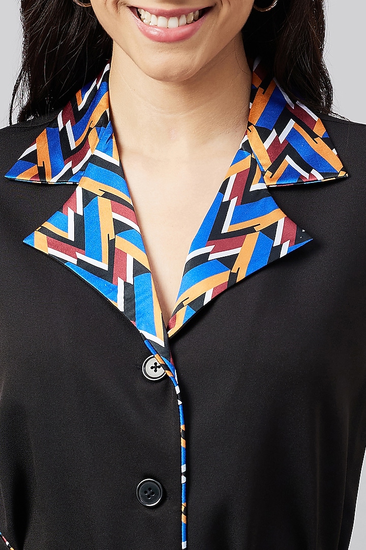 Black Banana Crepe & Polyester Satin Printed Summer Shirt Dress With Belt by First Resort by Ramola Bachchan at Pernia's Pop Up Shop