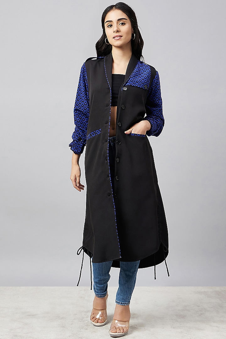 Black & Blue Silk Crepe Printed Summer Shirt Dress With Belt by First Resort by Ramola Bachchan at Pernia's Pop Up Shop