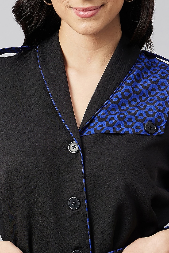 Black & Blue Silk Crepe Printed Summer Shirt Dress With Belt by First Resort by Ramola Bachchan at Pernia's Pop Up Shop