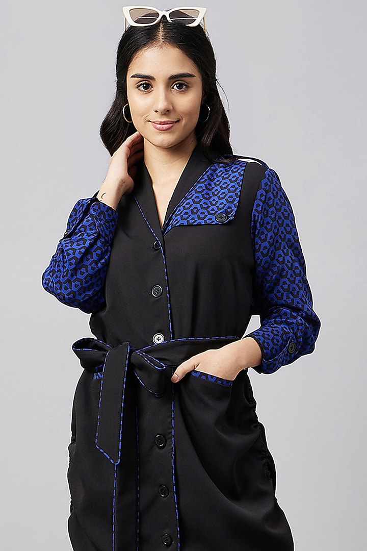 Black & Blue Silk Crepe Printed Summer Shirt Dress With Belt by First Resort by Ramola Bachchan at Pernia's Pop Up Shop