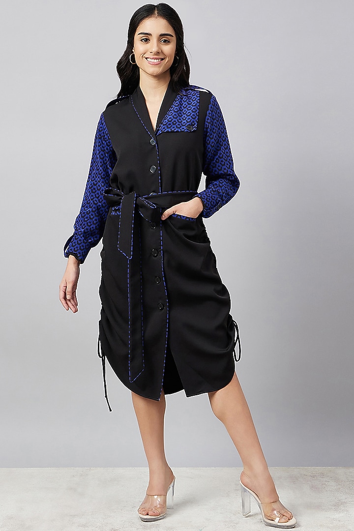 Black & Blue Silk Crepe Printed Summer Shirt Dress With Belt by First Resort by Ramola Bachchan at Pernia's Pop Up Shop