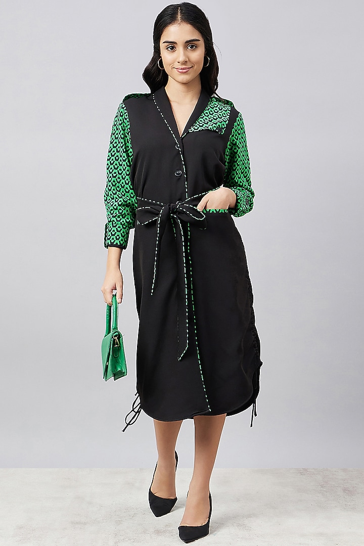 Black & Green Silk Crepe Printed Summer Shirt Dress With Belt by First Resort by Ramola Bachchan at Pernia's Pop Up Shop