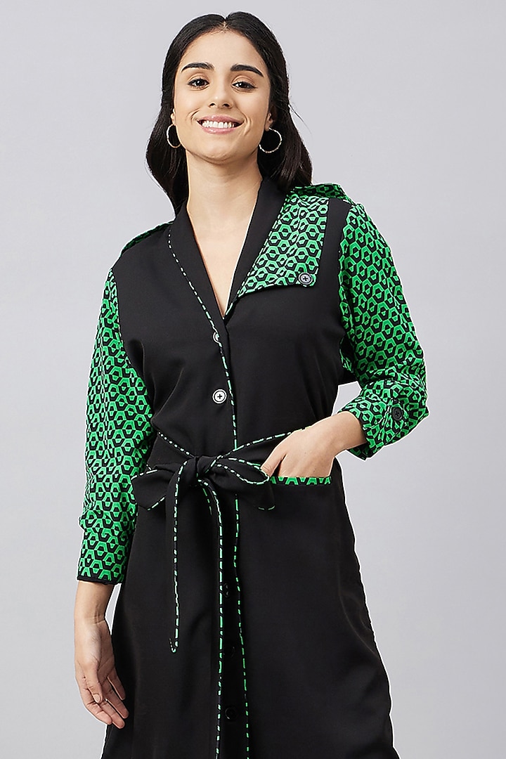 Black & Green Silk Crepe Printed Summer Shirt Dress With Belt by First Resort by Ramola Bachchan at Pernia's Pop Up Shop