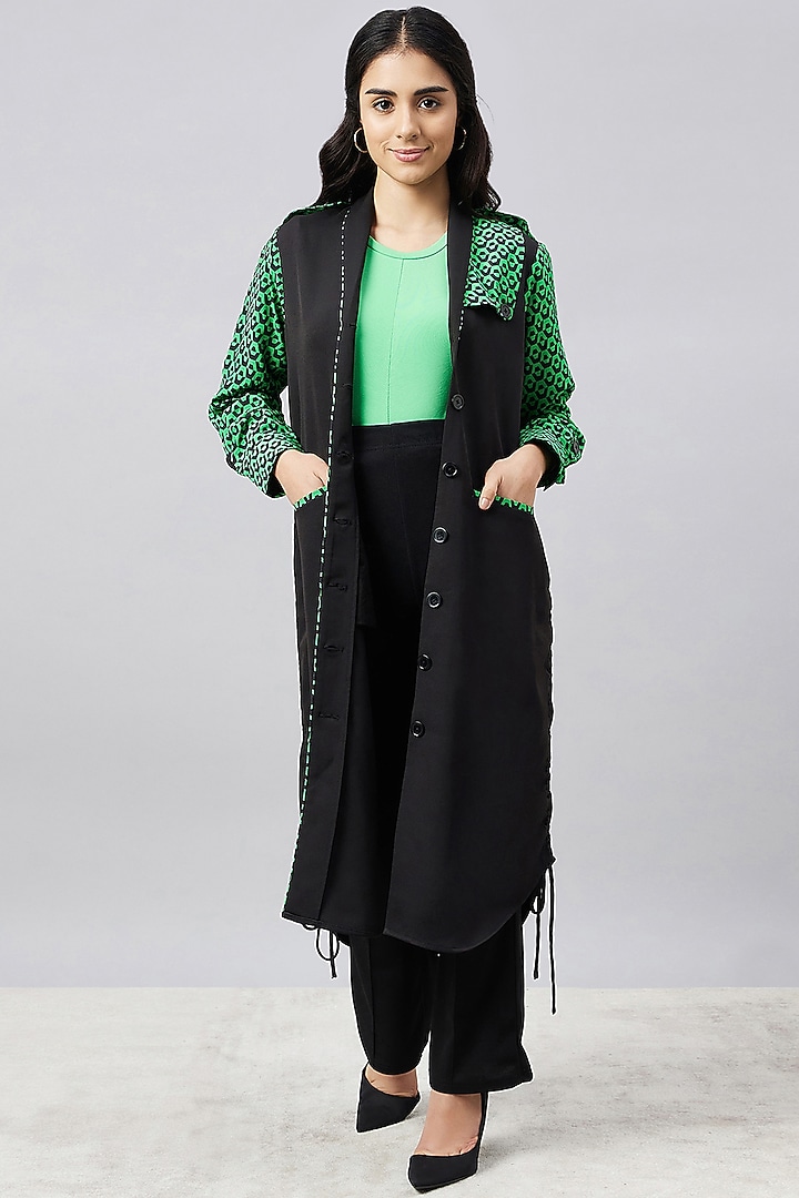 Black & Green Silk Crepe Printed Summer Shirt Dress With Belt by First Resort by Ramola Bachchan at Pernia's Pop Up Shop
