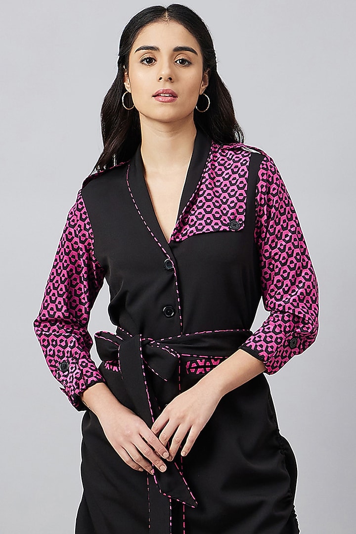 Black & Pink Silk Crepe Printed Summer Shirt Dress With Belt by First Resort by Ramola Bachchan at Pernia's Pop Up Shop