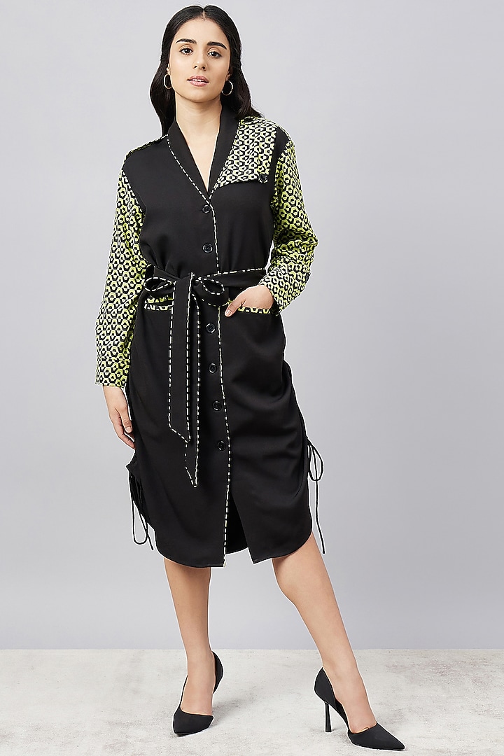 Black & Green Silk Crepe Printed Summer Shirt Dress With Belt by First Resort by Ramola Bachchan at Pernia's Pop Up Shop