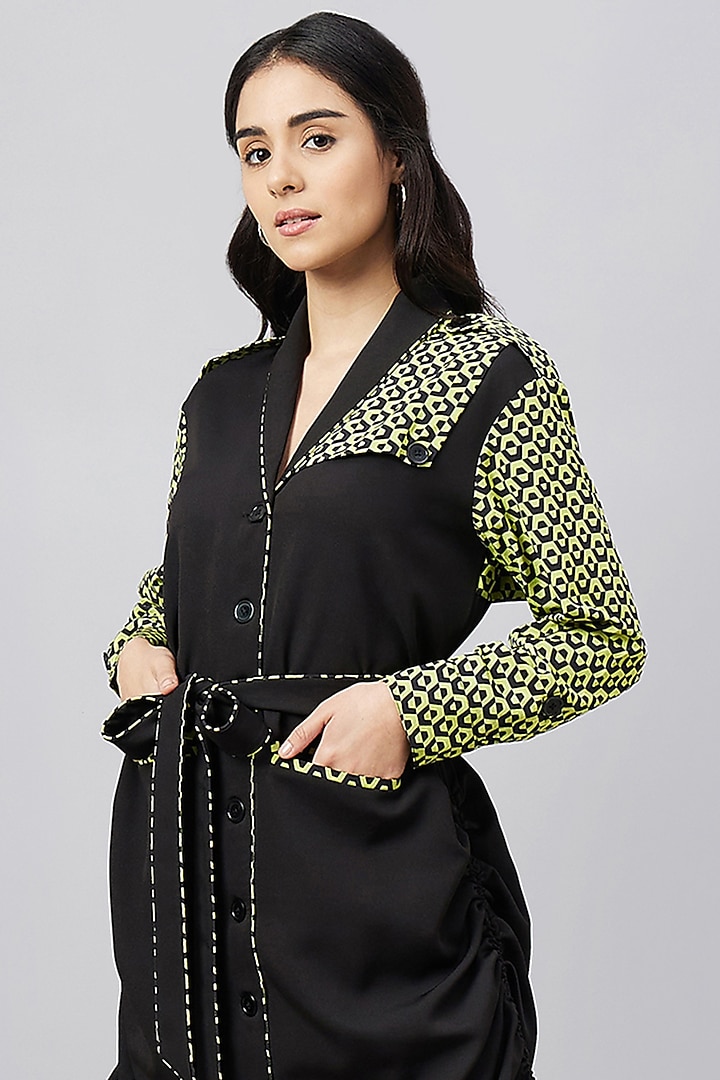 Black & Green Silk Crepe Printed Summer Shirt Dress With Belt by First Resort by Ramola Bachchan at Pernia's Pop Up Shop