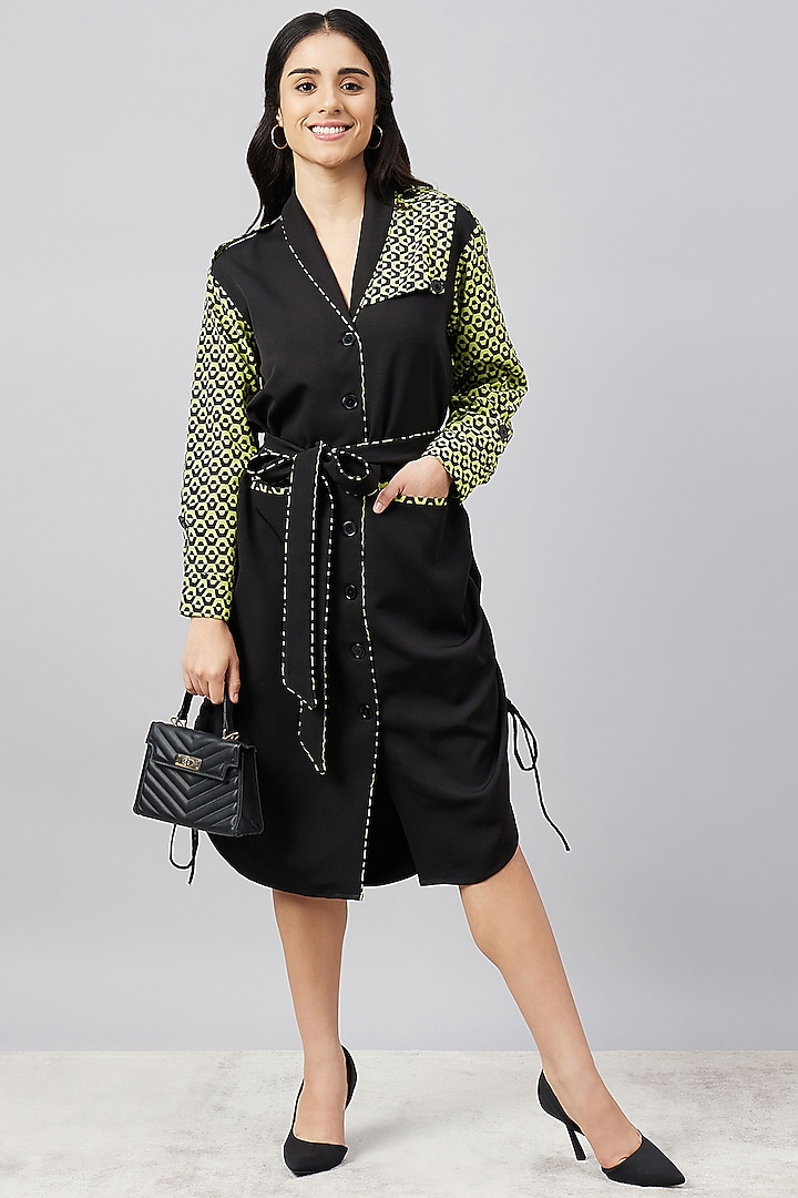 Black & Green Silk Crepe Printed Summer Shirt Dress With Belt by First Resort by Ramola Bachchan at Pernia's Pop Up Shop