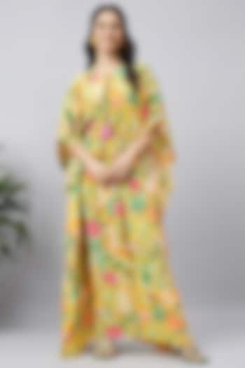 Yellow & Mint Green Viscose Crepe Jungle Printed Kaftan With Belt by First Resort by Ramola Bachchan at Pernia's Pop Up Shop