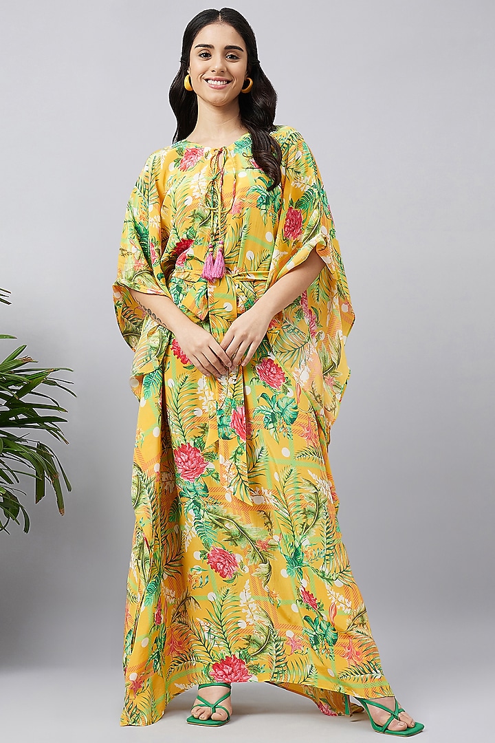 Yellow & Mint Green Viscose Crepe Jungle Printed Kaftan With Belt by First Resort by Ramola Bachchan at Pernia's Pop Up Shop