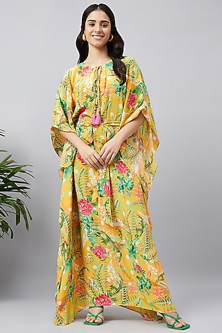 Yellow & Mint Green Viscose Crepe Jungle Printed Kaftan With Belt by First Resort by Ramola Bachchan