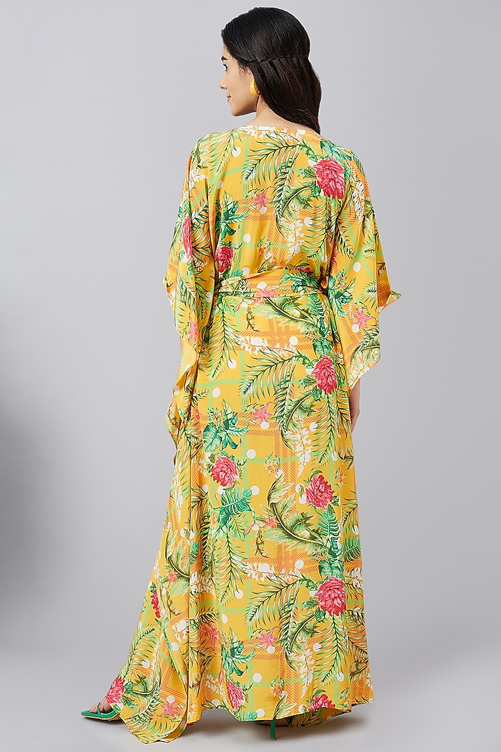 Yellow & Mint Green Viscose Crepe Jungle Printed Kaftan With Belt by First Resort by Ramola Bachchan at Pernia's Pop Up Shop
