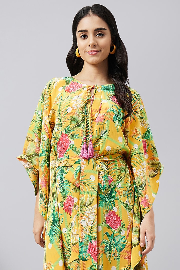 Yellow & Mint Green Viscose Crepe Jungle Printed Kaftan With Belt by First Resort by Ramola Bachchan at Pernia's Pop Up Shop