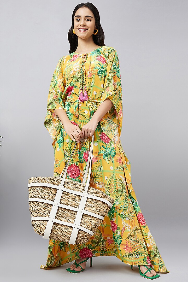 Yellow & Mint Green Viscose Crepe Jungle Printed Kaftan With Belt by First Resort by Ramola Bachchan at Pernia's Pop Up Shop