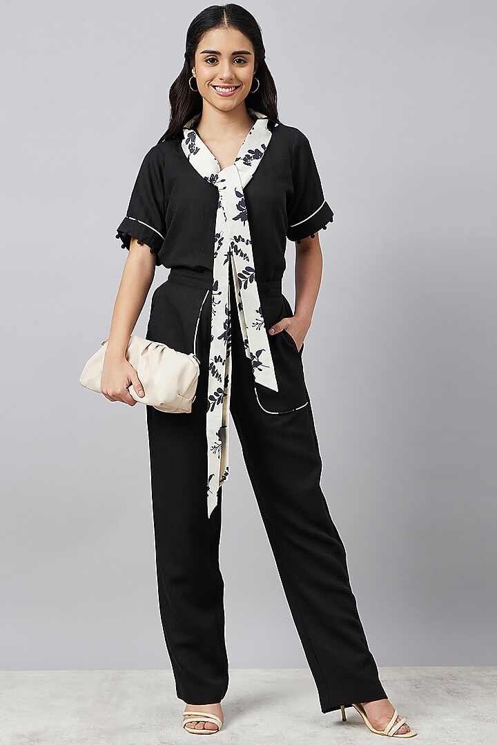 Black & Ivory Linen Floral Printed Co-Ord Set by First Resort by Ramola Bachchan at Pernia's Pop Up Shop