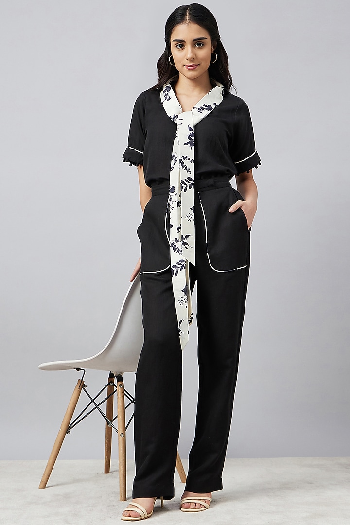 Black & Ivory Linen Floral Printed Co-Ord Set by First Resort by Ramola Bachchan at Pernia's Pop Up Shop