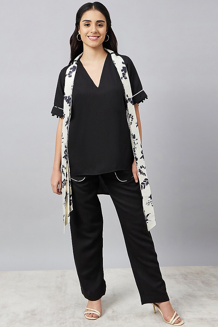 Black & Ivory Linen Floral Printed Co-Ord Set by First Resort by Ramola Bachchan at Pernia's Pop Up Shop