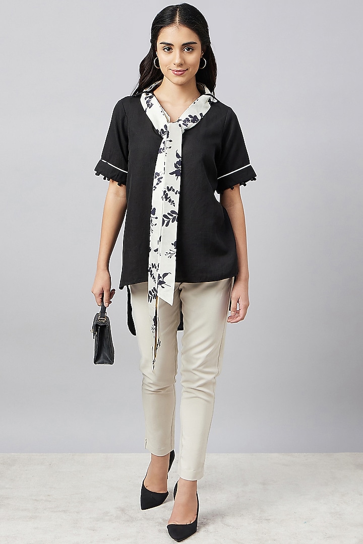 Black & Ivory Linen Floral Printed Top With Belt by First Resort by Ramola Bachchan at Pernia's Pop Up Shop