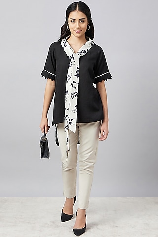 Black & Ivory Linen Floral Printed Top With Belt by First Resort by Ramola Bachchan