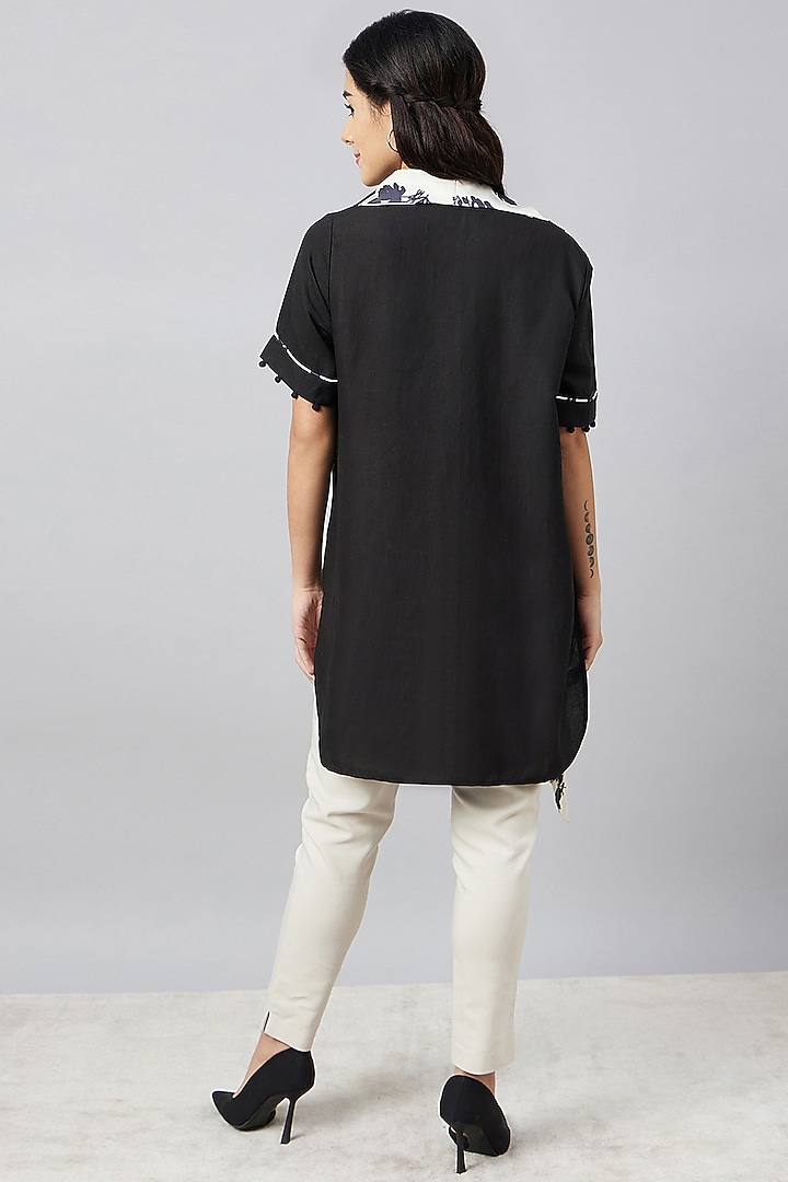 Black & Ivory Linen Floral Printed Top With Belt by First Resort by Ramola Bachchan at Pernia's Pop Up Shop