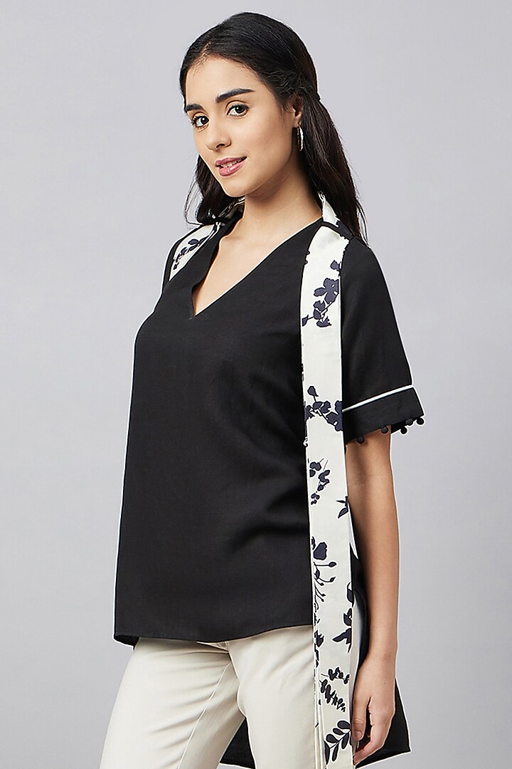 Black & Ivory Linen Floral Printed Top With Belt by First Resort by Ramola Bachchan at Pernia's Pop Up Shop