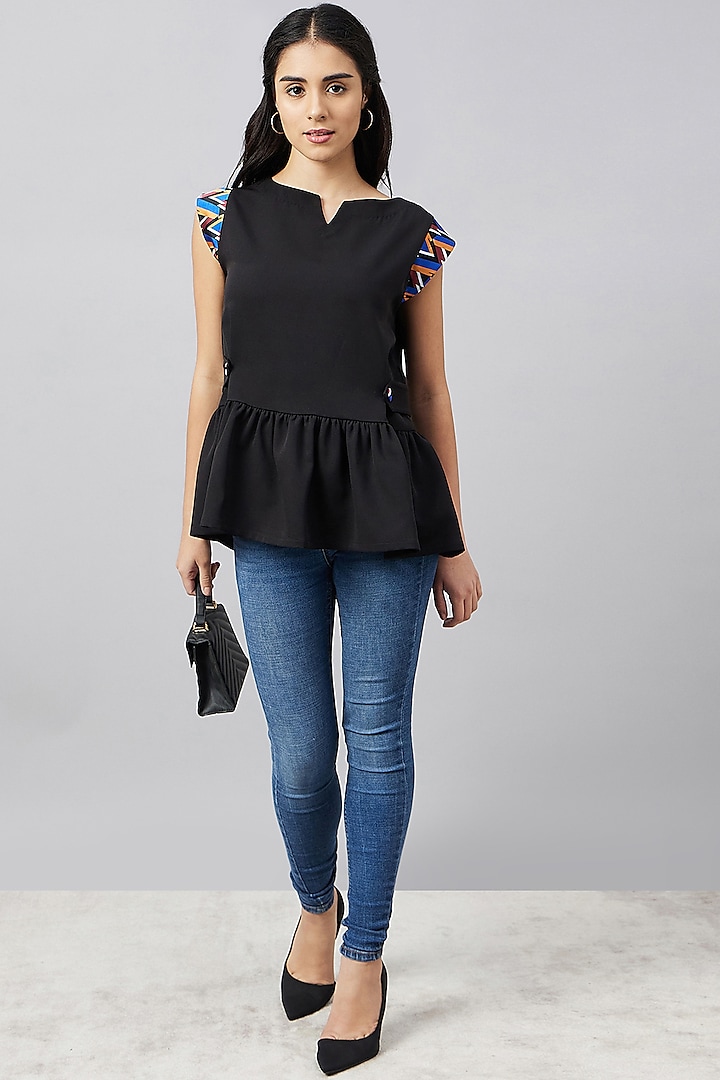 Black Banana Crepe & Polyester Satin Peplum Top by First Resort by Ramola Bachchan at Pernia's Pop Up Shop