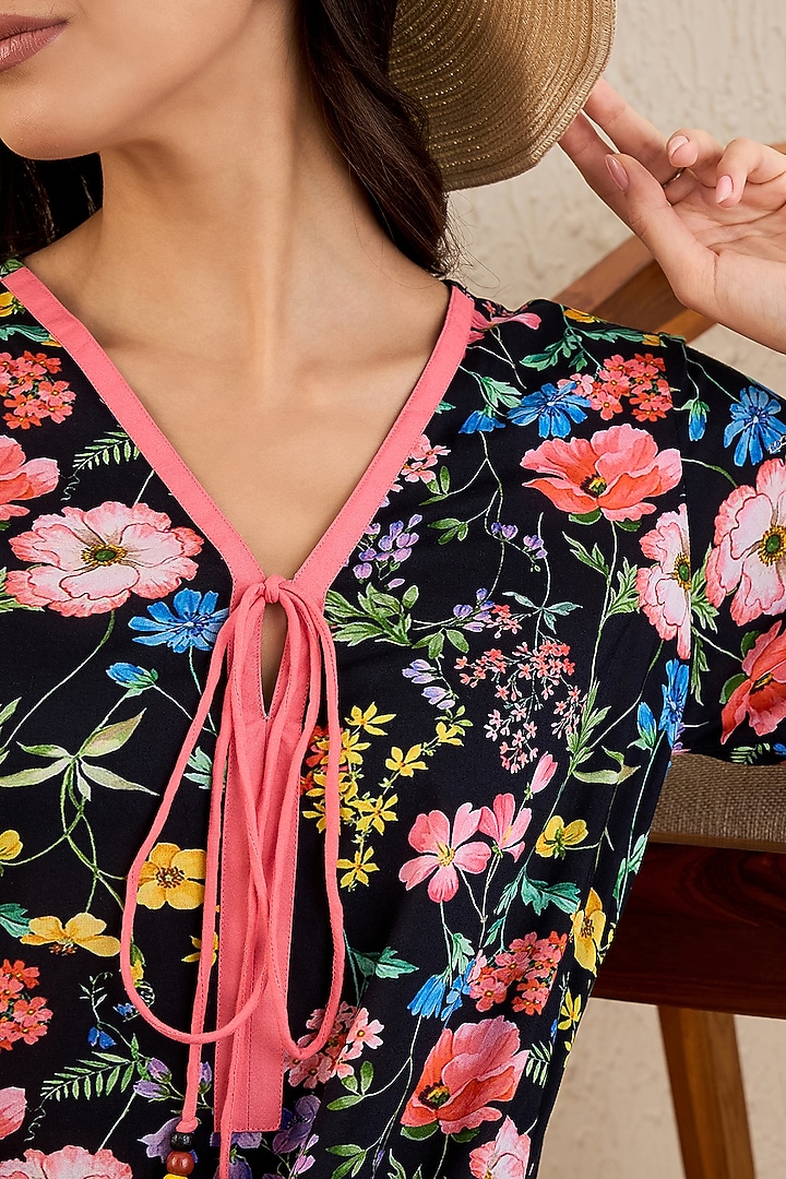 Black & Coral Cotton Modal Floral Printed A-Line Summer Dress by First Resort by Ramola Bachchan at Pernia's Pop Up Shop
