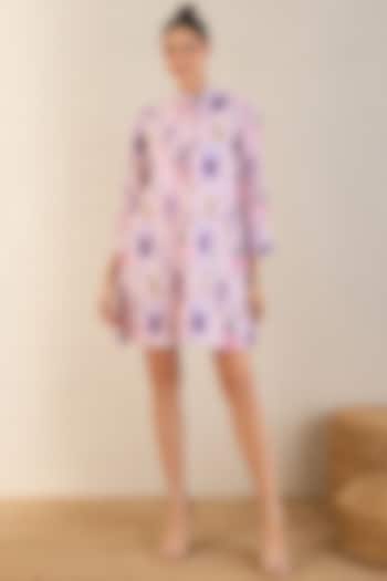 Baby Pink & Mauve Cotton Botanical Printed A-Line Mini Summer Dress by First Resort by Ramola Bachchan at Pernia's Pop Up Shop