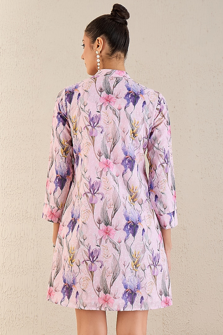 Baby Pink & Mauve Cotton Botanical Printed A-Line Mini Summer Dress by First Resort by Ramola Bachchan at Pernia's Pop Up Shop