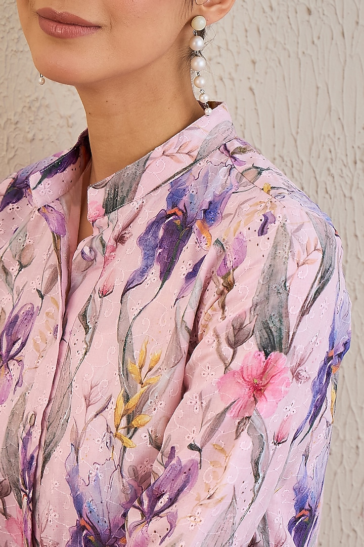 Baby Pink & Mauve Cotton Botanical Printed A-Line Mini Summer Dress by First Resort by Ramola Bachchan at Pernia's Pop Up Shop