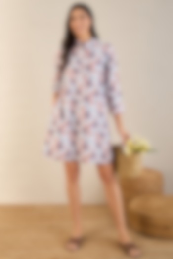 White & Indigo Cotton Botanical Printed A-Line Mini Summer Dress by First Resort by Ramola Bachchan at Pernia's Pop Up Shop