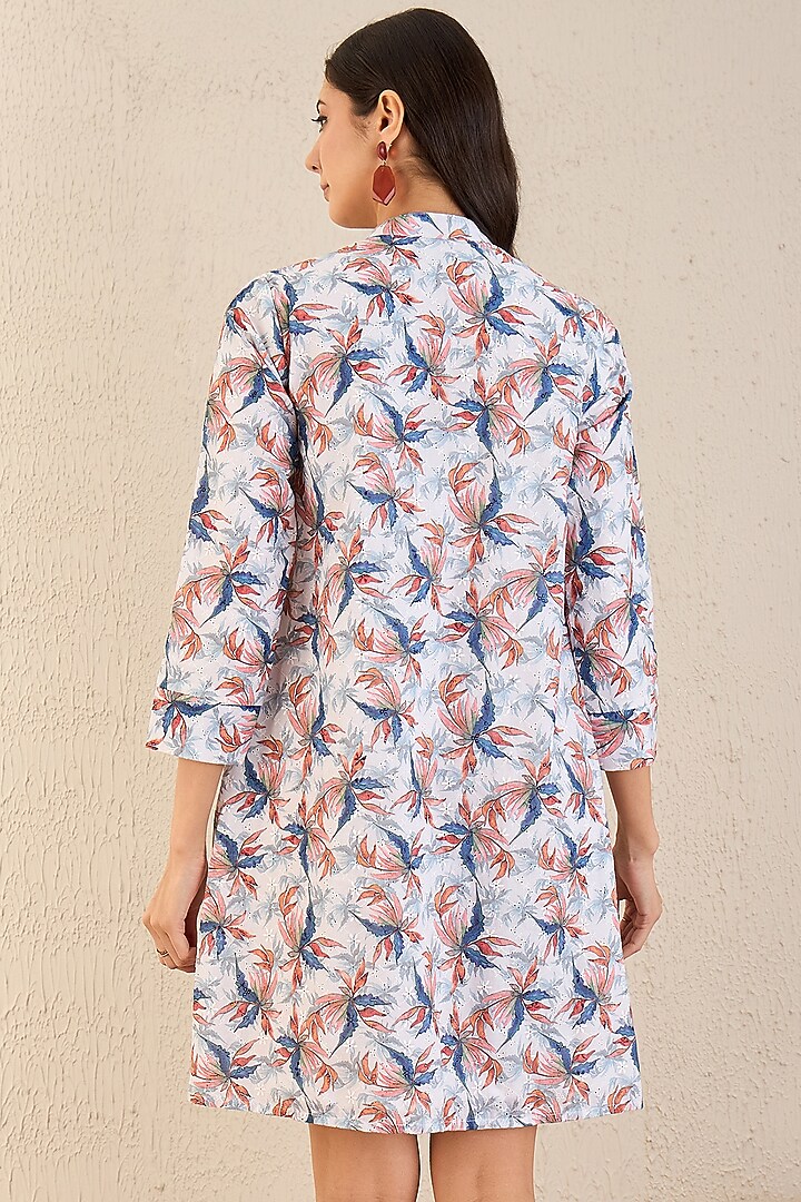 White & Indigo Cotton Botanical Printed A-Line Mini Summer Dress by First Resort by Ramola Bachchan at Pernia's Pop Up Shop