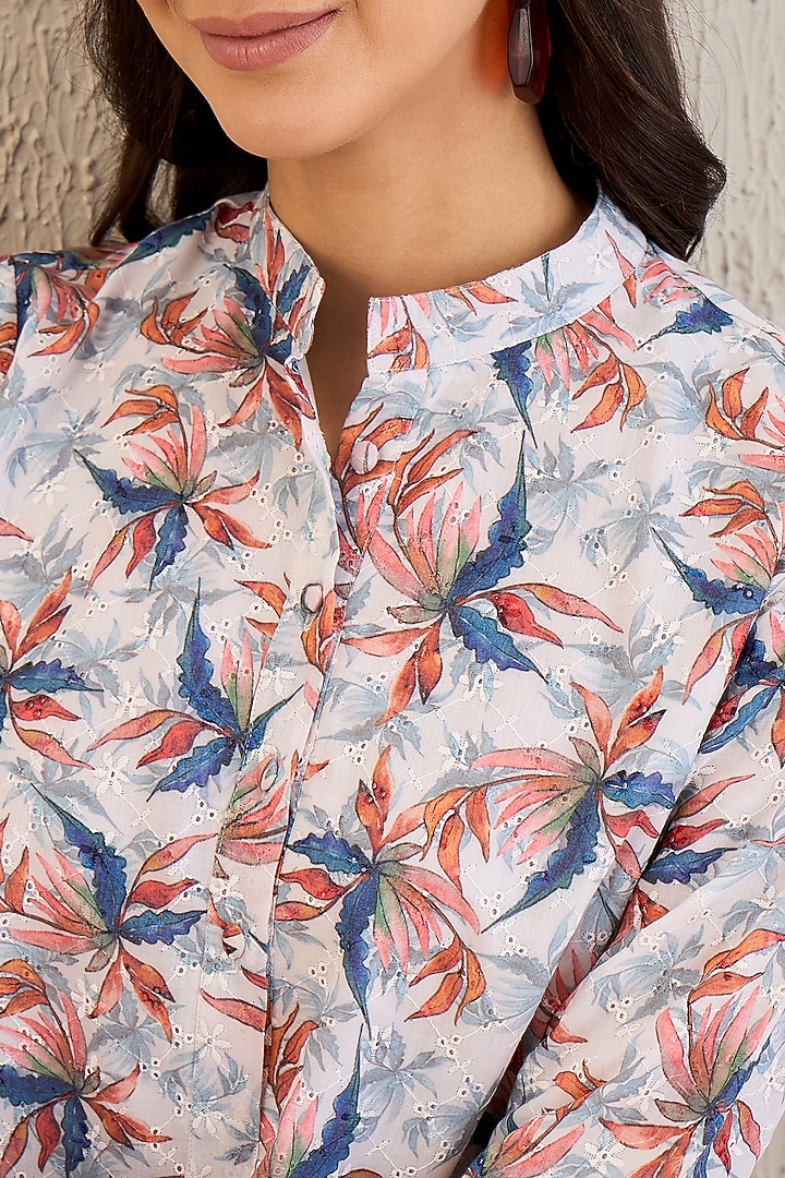 White & Indigo Cotton Botanical Printed A-Line Mini Summer Dress by First Resort by Ramola Bachchan at Pernia's Pop Up Shop