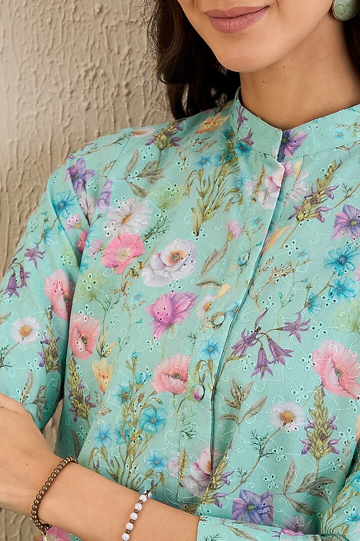 Aqua Marine Cotton & Cotton Voile Floral Printed A-Line Mini Summer Dress by First Resort by Ramola Bachchan at Pernia's Pop Up Shop