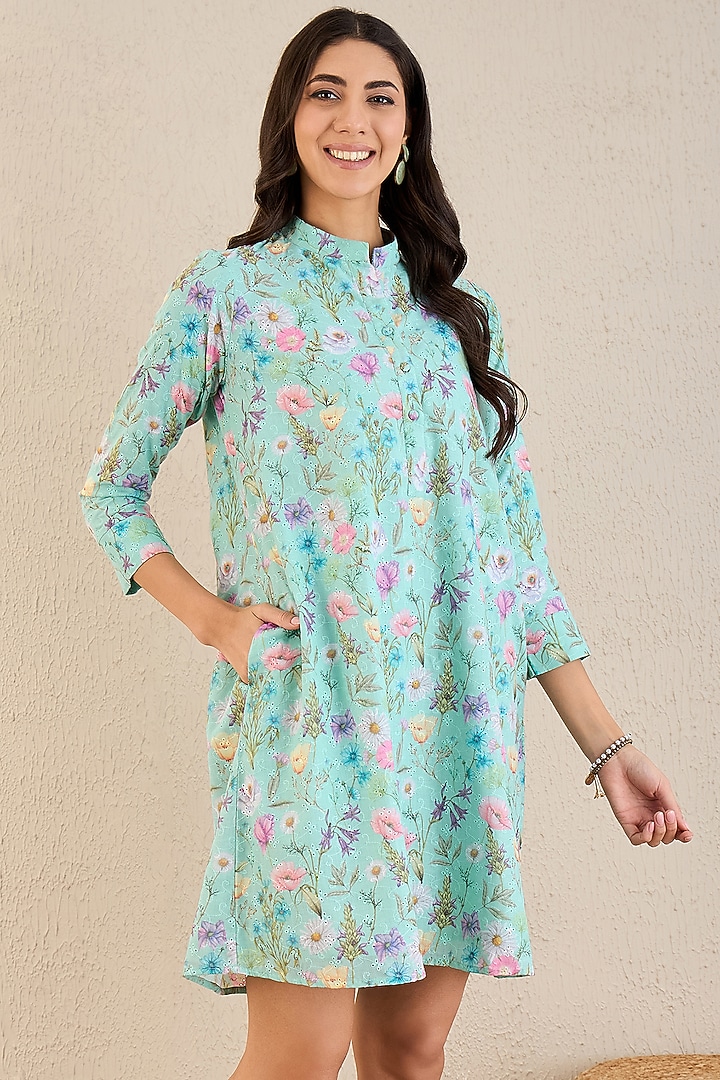 Aqua Marine Cotton & Cotton Voile Floral Printed A-Line Mini Summer Dress by First Resort by Ramola Bachchan at Pernia's Pop Up Shop