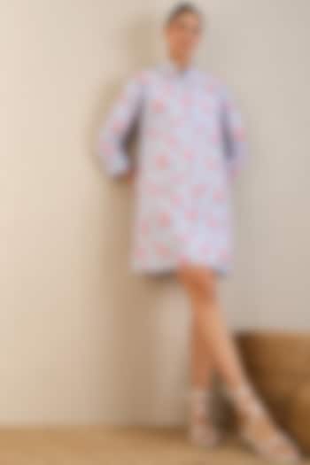 Ice Blue & Pink Cotton Floral Printed A-Line Mini Summer Dress by First Resort by Ramola Bachchan at Pernia's Pop Up Shop
