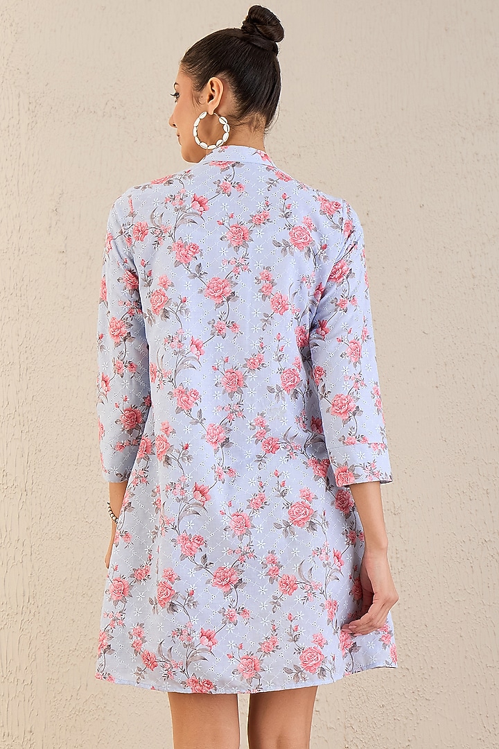 Ice Blue & Pink Cotton Floral Printed A-Line Mini Summer Dress by First Resort by Ramola Bachchan at Pernia's Pop Up Shop