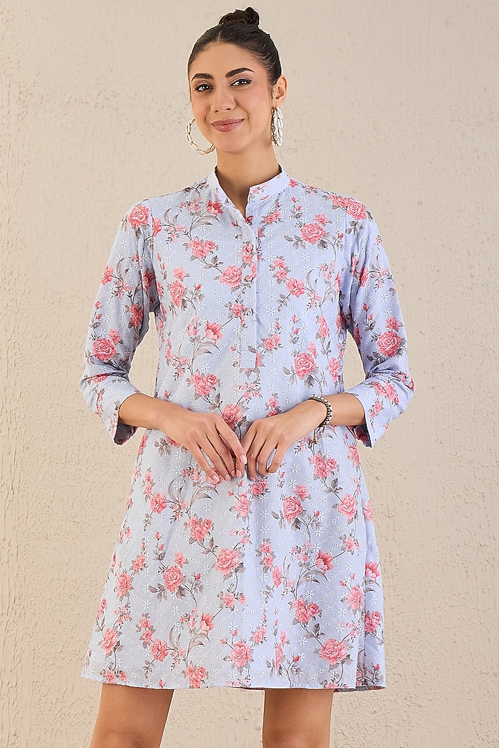 Ice Blue & Pink Cotton Floral Printed A-Line Mini Summer Dress by First Resort by Ramola Bachchan at Pernia's Pop Up Shop