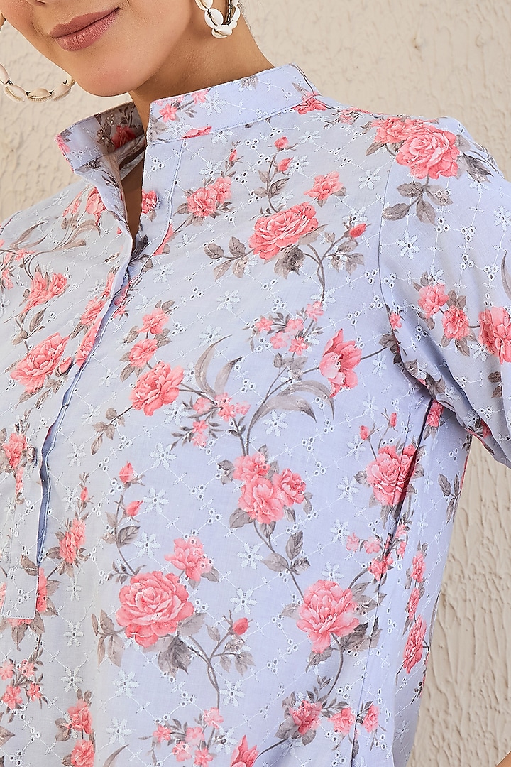 Ice Blue & Pink Cotton Floral Printed A-Line Mini Summer Dress by First Resort by Ramola Bachchan at Pernia's Pop Up Shop