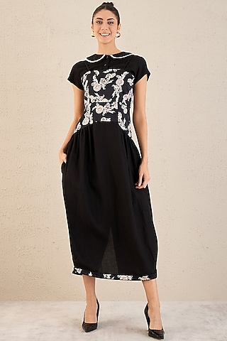 Black Linen Baroque Printed Midi Dress With Shirt by First Resort by Ramola Bachchan