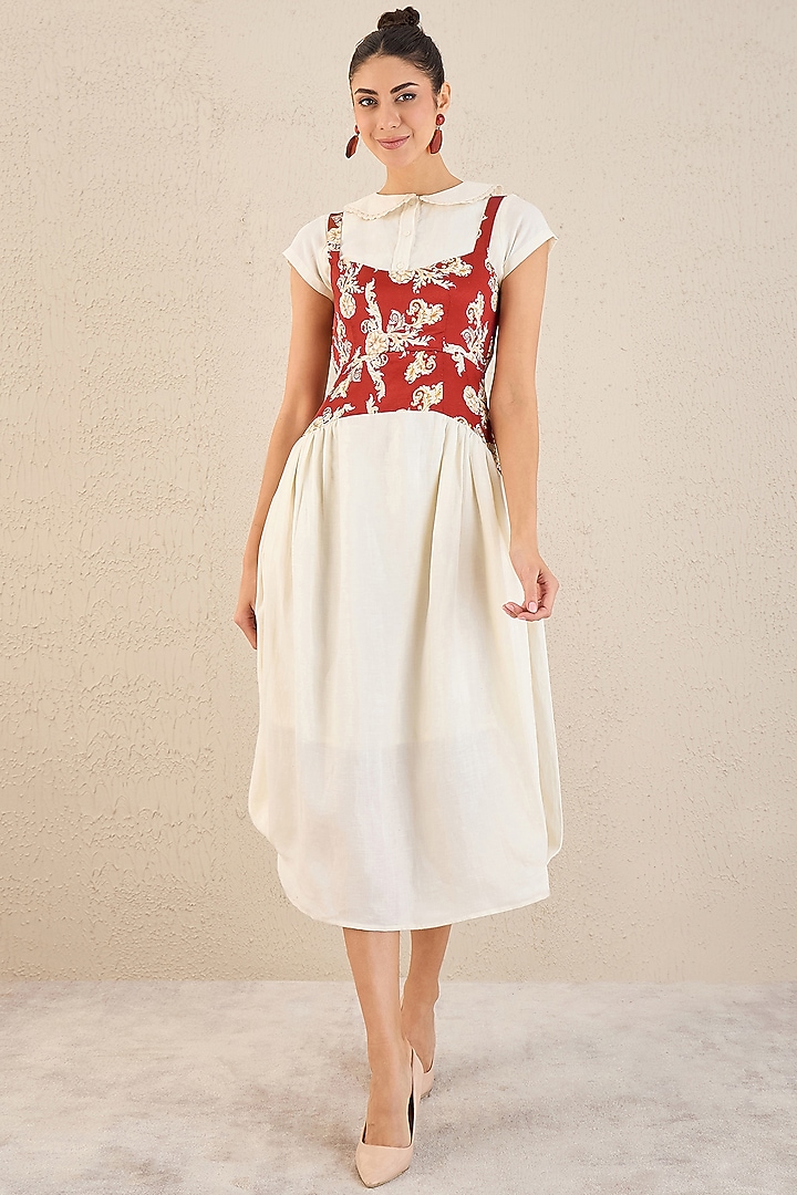Off-White & Red Linen Baroque Printed Midi Vacation Dress With Shirt by First Resort by Ramola Bachchan at Pernia's Pop Up Shop