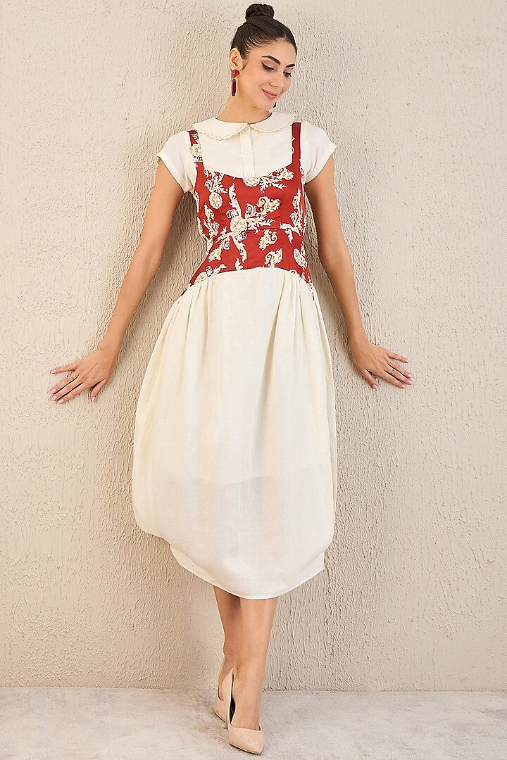 Off-White & Red Linen Baroque Printed Midi Vacation Dress With Shirt by First Resort by Ramola Bachchan at Pernia's Pop Up Shop